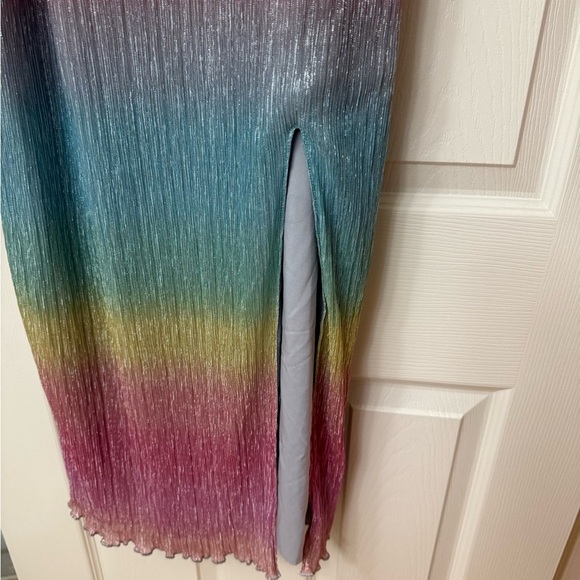 NWOT Saylor Ombre Metallic Myrah Ruffle Shoulder Slit Midi Dress sz Large L - Picture 8 of 9